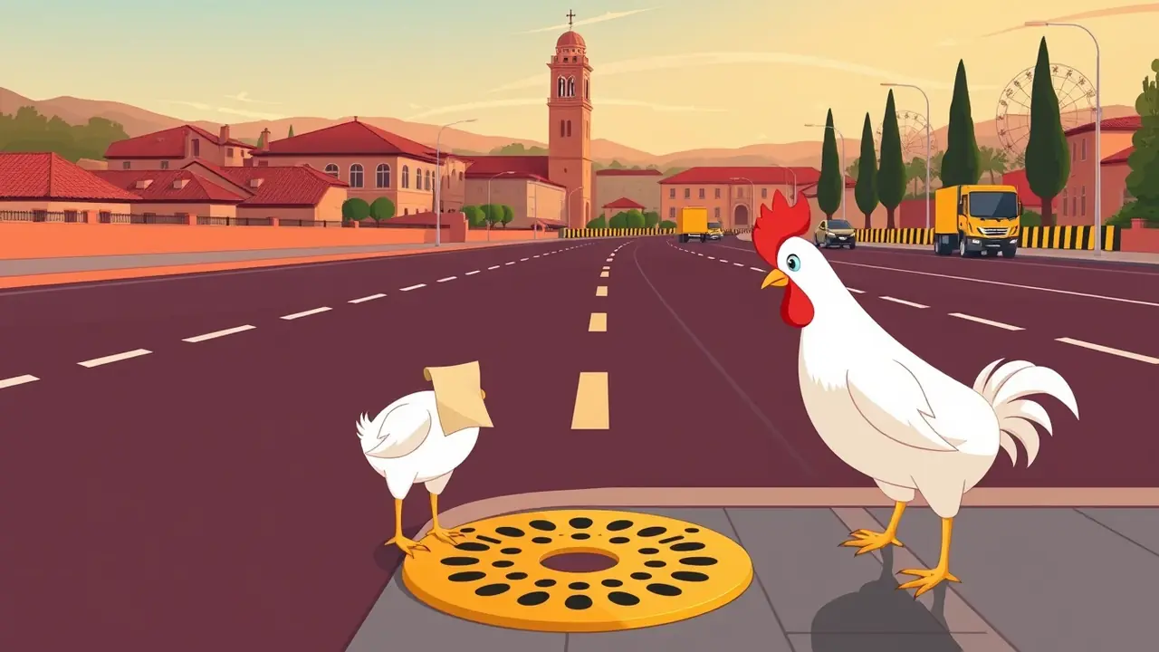 Chicken Road 2 Italia — la gallina bianca all'inizio della strada a corsie con i tombini dorati, tetti e campanile italiani sullo sfondo