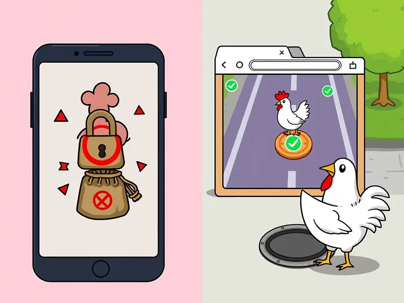 App Chicken Road contro client InOut Games: smartphone con icona sospetta a sinistra, browser con la strada del gioco a destra