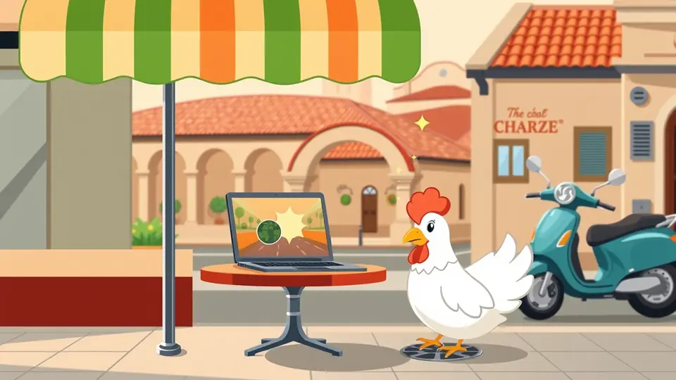 Come giocano gli italiani a Chicken Road 2: tavolino di un bar italiano con un laptop che mostra la strada del gioco