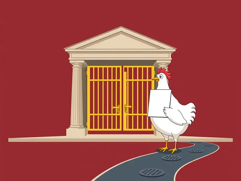Cosa dice ADM su Chicken Road 2: ingresso di un edificio istituzionale con cancello dorato chiuso