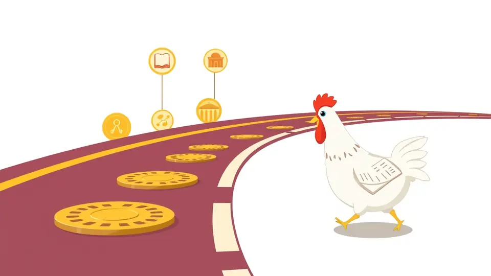Cronologia Chicken Road 2 2024-2026: strada come linea del tempo con cinque tombini dorati come tappe