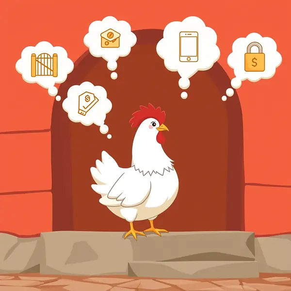 Le domande degli italiani su Chicken Road 2: gallina seduta su un gradino con nuvolette di pensiero vuote