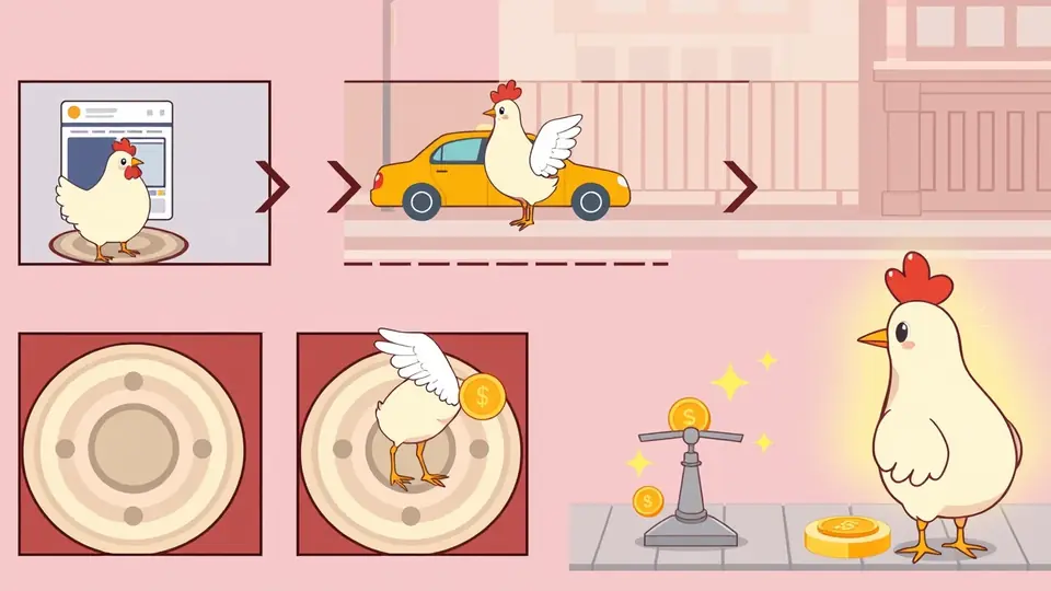 Un round di Chicken Road 2 visto dall'Italia: cinque riquadri in sequenza dalla demo all'incasso
