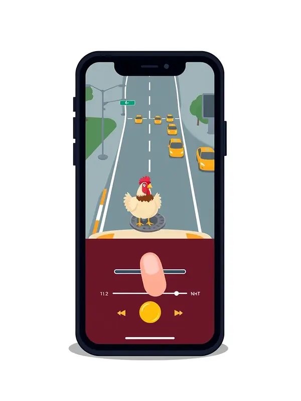 Chicken Road 2 in verticale su smartphone dall'Italia: schermo con la strada vista dall'alto e pannello in basso